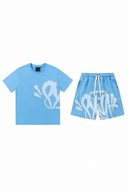 Syna World Logo Tee & Shorts Set — Green, Sky Blue, Red & Grey, front view