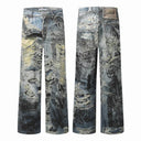 Acne Studios graffiti distressed wide-leg jeans in washed indigo, front and back