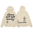 Broken Planet cream hoodie with alone but not lonely puff print, front and back