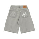 Corteiz Alcatraz Baggy Denim Shorts — Grey & Black, front view