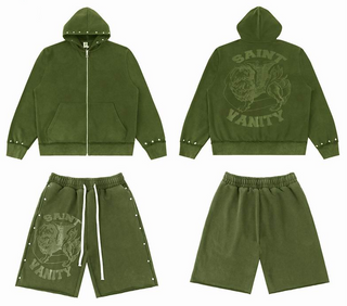 Conjunto de sudadera con capucha y shorts Saint Vanity - Oliva, Gris, Negro, Crema