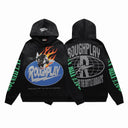 RoughPlay flame portrait logo hoodie in black