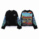 RoughPlay deli scene rhinestone long sleeve in black with blue sleeve text