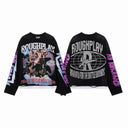 RoughPlay Praise rhinestone long sleeve in black with purple sleeve text