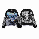 RoughPlay DeLorean scene rhinestone long sleeve in black with grey sleeve text