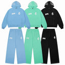 Sixpm embroidered patch hoodie and sweatpants set in light blue, mint, and black