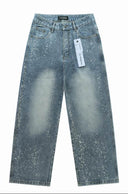 TW Bulldog Splatter Rhinestone Jeans — Light Wash