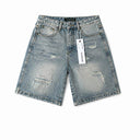TW Bulldog Frayed Destroyed Denim Shorts — Light Wash