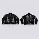 Thug Club thorn stitch denim jacket in black, front and back