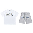 Trapstar It's A Secret camo tee and shorts set in white and grey with blue accent