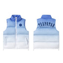 Trapstar blue to white gradient puffer vest, front and back