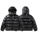Trapstar black high-gloss hooded puffer, front and back