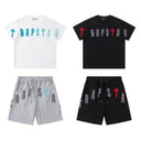 Trapstar chenille tee and shorts set with teal and red accent letters