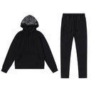 Black hoodie and joggers set with a graffiti-printed hood lining