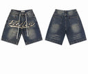 Valley Chain-Stitch Denim Shorts in Blue, front view