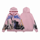 Valley Dreams pink zip hoodie with a Statue of Liberty and New York skyline print