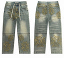 Valley light wash jeans with gold chenille cross patches, front and back