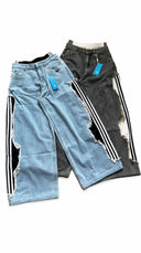 adidas Three Stripe Distressed Baggy Jeans in Blue / Gray, front view