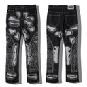 MRDR BRVDO repaired patch jeans in black, front and back